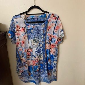 Laura Scott Blue Floral Short Sleeve Shirt XL